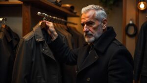 The Man checking leather jacket in wardrobe