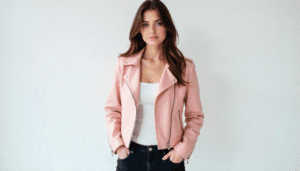 A young lady in pink leather jacket